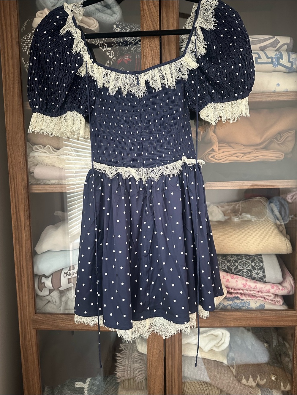 For Love And Lemons Navy Polka Dot Lace-Trim Mini Dress - Picture 7 of 8